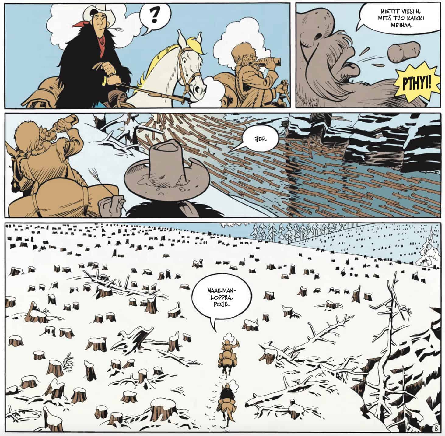 Sivu Pitkä marssi -sarjakuva-albumista. Lucky Luke ratsastaa toisen miehen kanssa ja näkee tukkeja uitettavan joessa. Mies sanoo, että tukinuitto tarkoittaa maailmanloppua, kun ratsastajat kulkevat keskellä aukeaksi hakattua metsää.