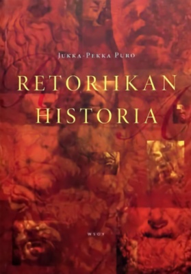 Retoriikan historian punaisesta kannesta erottuu antiikin hahmojen kasvoja.