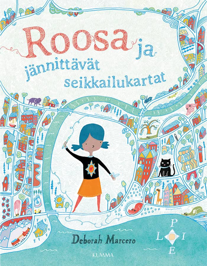 Roosa ja jännittävät seikkailukartat -kirjan kannessa on piirros tytöstä seisomassa piirtämänsä kartan keskellä.