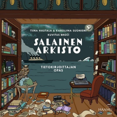 Salainen arkisto -kirjan kannessa on piirros työhuoneesta, jonka kahta seinää peittävät kirjahyllyt. Takaseinää ei ole, vaan siitä aukeaa näkymä öiselle merelle, jossa iso höyrylaiva kulkee kohti jäävuorta.