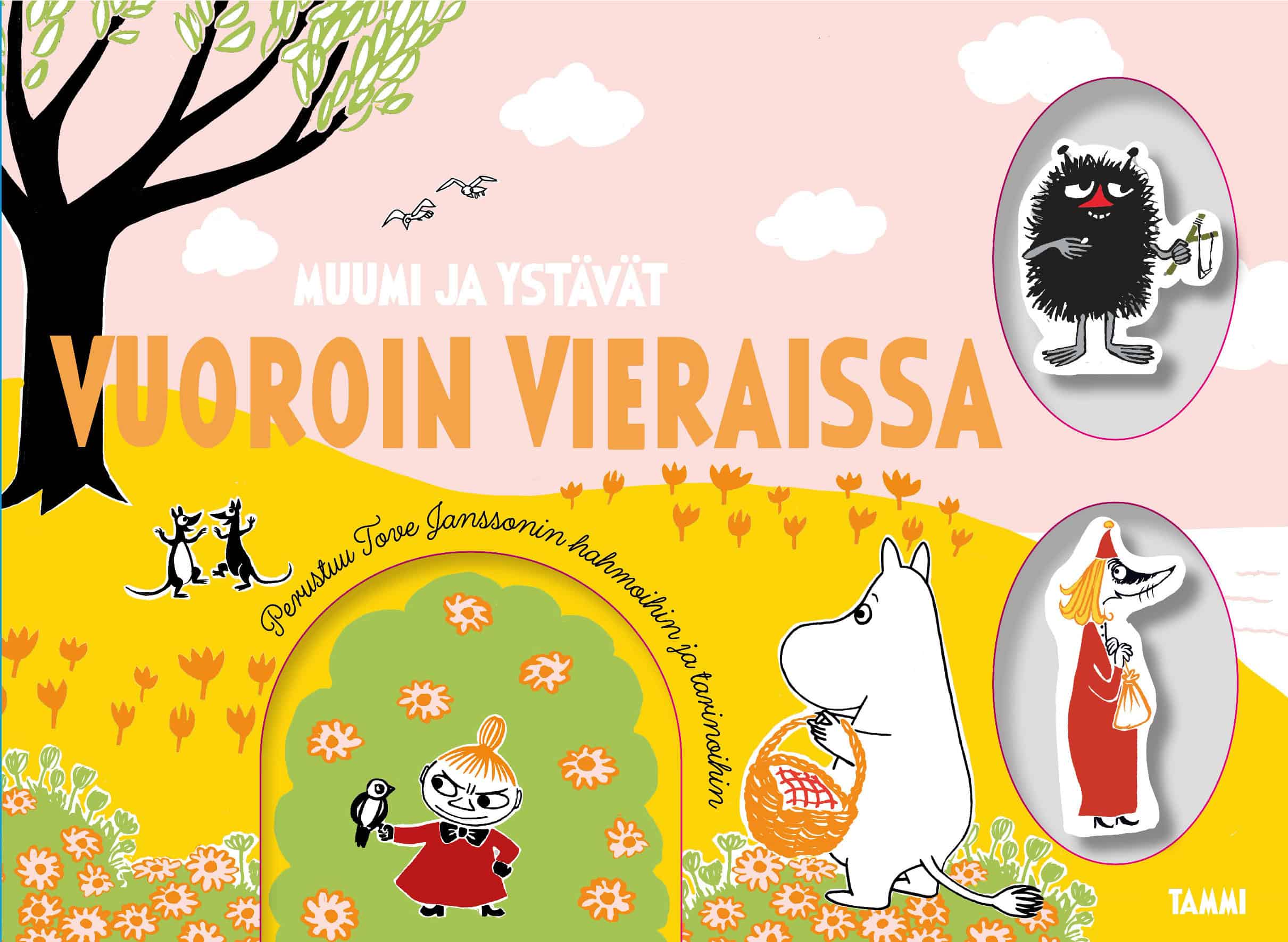 Vuoroin vieraissa -kirjan kannessa on Muumi kukkakedolla. Kannessa on kaksi reikää, joissa on Haisuli- ja Vilijonkka-hahmot.