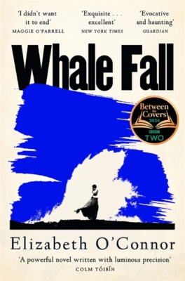 Whale Fall -kirjan kannessa on pieni mustavalkoinen kuva naisesta, ympärillään sinistä väriä, josta naisen taakse jää rantaan lyövän ison aallon muotoinen tyhjä tila.