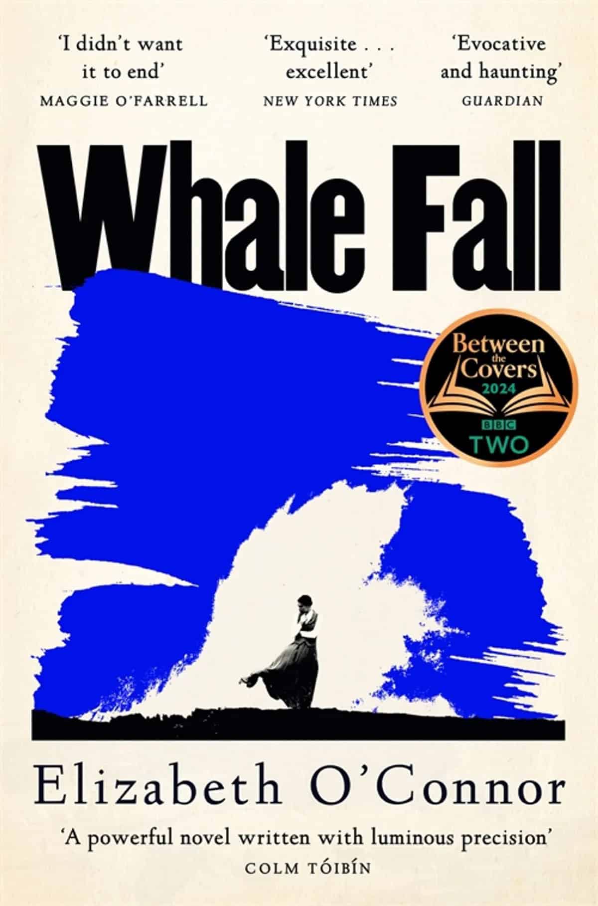 Whale Fall -kirjan kannessa on pieni mustavalkoinen kuva naisesta, ympärillään sinistä väriä, josta naisen taakse jää rantaan lyövän ison aallon muotoinen tyhjä tila.