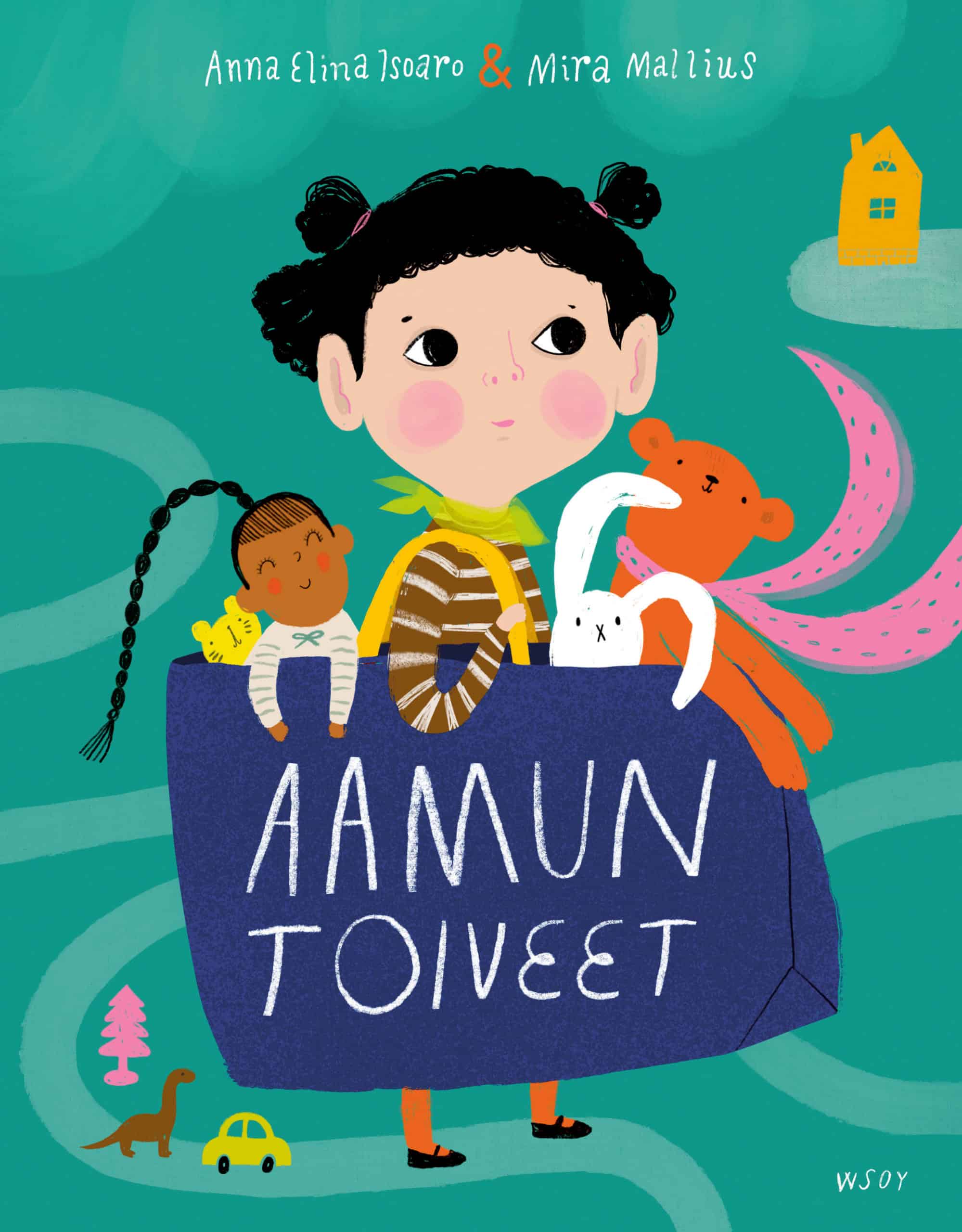 Aamun toiveet -kirjan kannessa on piirros eskari-ikäisestä tytöstä, jolla on kainalossaan iso sininen kassi, joka on täynnä leluja.