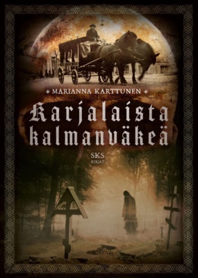 Karjalaista kalmanväkeä -kirjan kannessa on kuva hevosvetoisista ruumisvaunuista ja usvaisesta karjalaisesta hautuumaasta, jossa kulkee aavemainen hahmo.