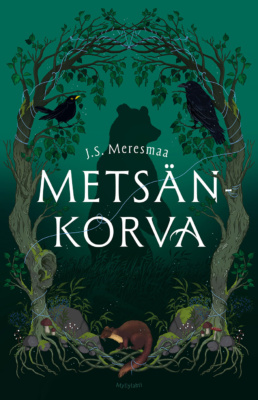 Metsänkorvan vihreän sävyisessä kannessa on puiden keskellä karhun siluetti. Etualalla on näätä ja puiden oksilla lintuja.