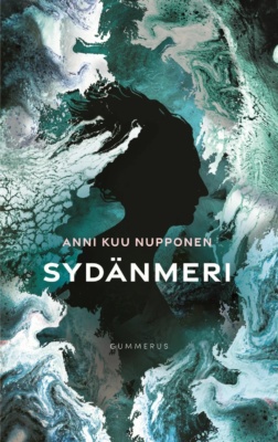 Sydänmeri-kirjan kannessa on ylhäältä kuvattua aaltoilevaa merta, josta rajautuu musta feminiinisen hahmon sivuprofiilin siluetti.