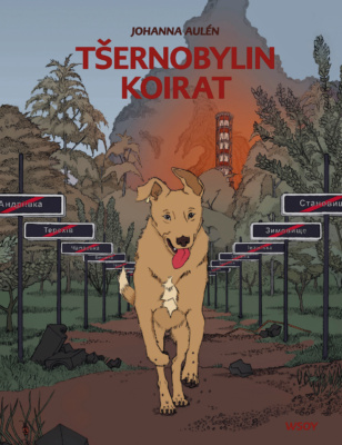 Tšernobylin koirat -kirjan kannessa on piirros lukijaa kohti juoksevasta koirasta, jonka takana näkyy iso savupilvi ja tulipalon loimu.